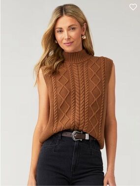 NWOT Varley Cable Knit Sleeveless Mock Neck Sweater Vest - Brown